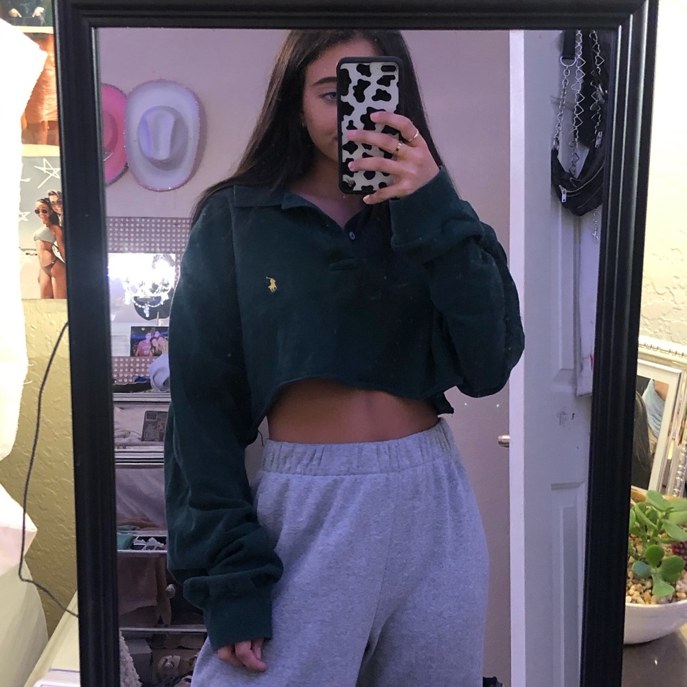 green polo button up cropped